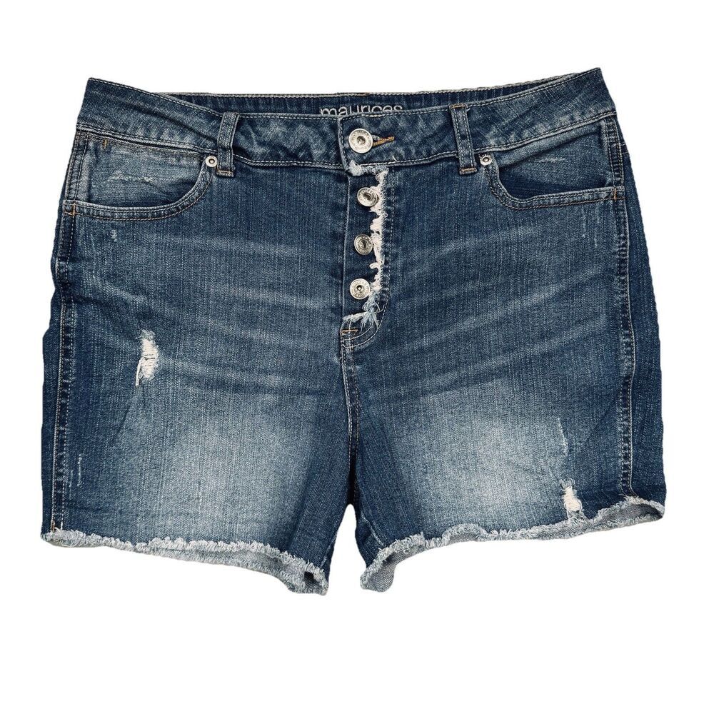 Maurices High Rise Shorts 11/12 (W32) Blue Button Fly Distress Stretch Juniors